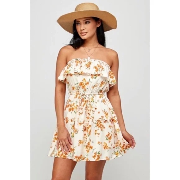 Cream Orange Floral Print Ruffle Trim Strapless Tube Casual Summer Mini Dress - Picture 4 of 6